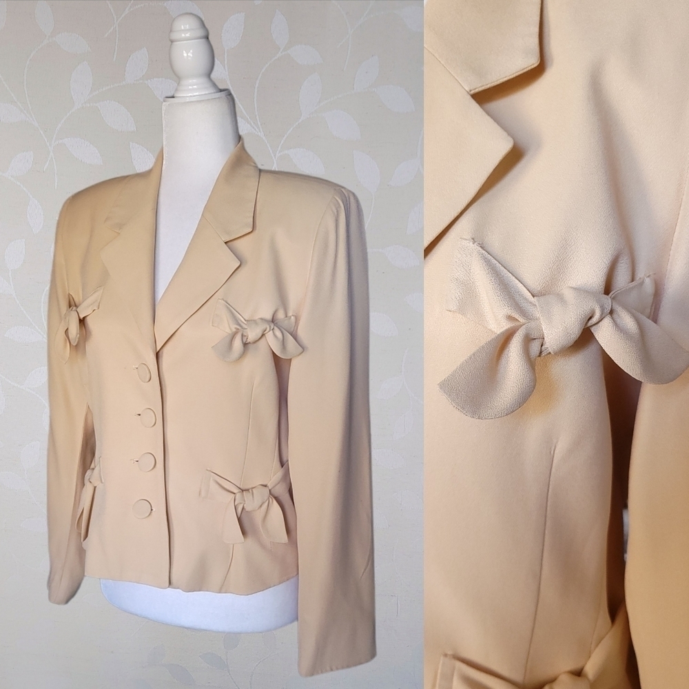 Vintage Bow Tie Detail Lightweight Blazer Jacket Pastel Equator Apricot Nude S